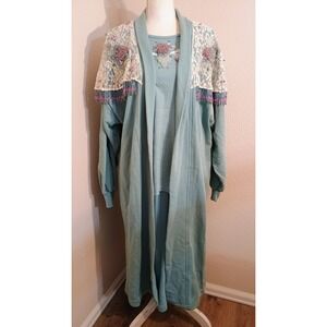 Lacy After Noon Blue 3 piece set Duster skirt shirt Beaded Lace Embellished L/XL